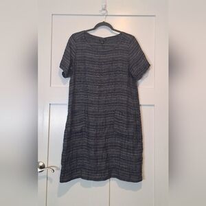 Eileen Fisher Organic Linen 100% Coastline Shift Midi Dress Black White Medium